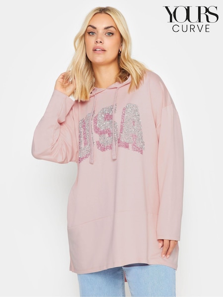 Yours Curve Pink 'USA' Sequin Slogan Longline Hoodie (B49483) | £31