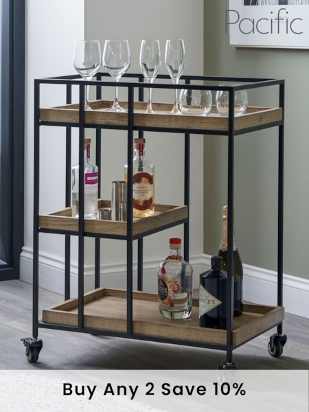 Pacific Natural Brown Wood Veneer and Metal Bar Trolley (B49788) | £320