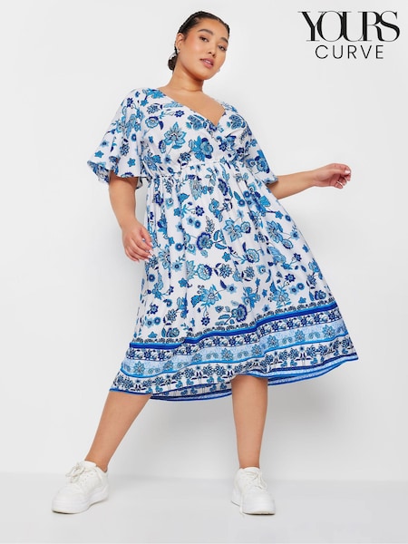 Yours Curve Blue Limited Border Puff Sleeve Midaxi Dress (B49904) | £34