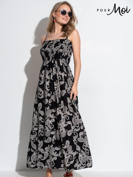 Pour Moi Black Paisley Strapless Shirred Bodice Woven Maxi Beach Dress (B49993) | £45