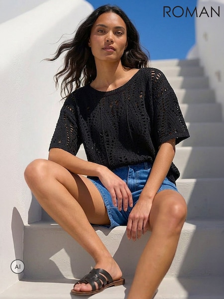 Black - Roman Crochet Detail Knit Top
