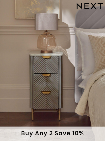 Dark Grey Valencia Marble and Mango Wood 3 Drawer Slim Bedside Table (B50905) | £399