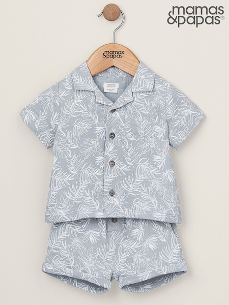Mamas & Papas Blue 100% Cotton Palm Print Shirt And Shorts Set 2 Piece (B51002) | £29