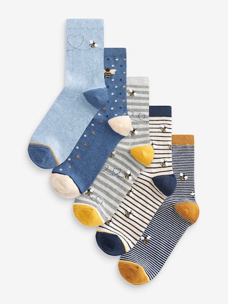 Navy/Ochre Bee Ankle Socks 5 Pack (B51086) | £12