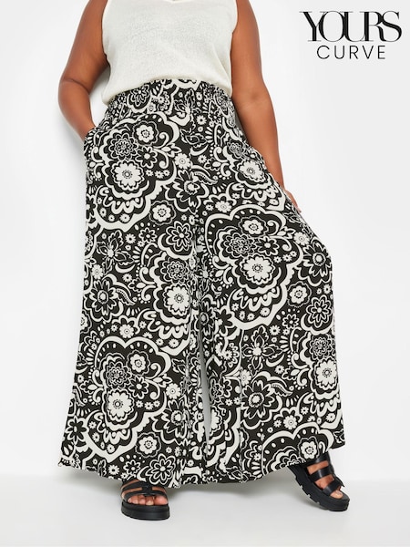 Yours Curve Black Floral Print Shirred Wide Leg Trousers (B51274) | £29