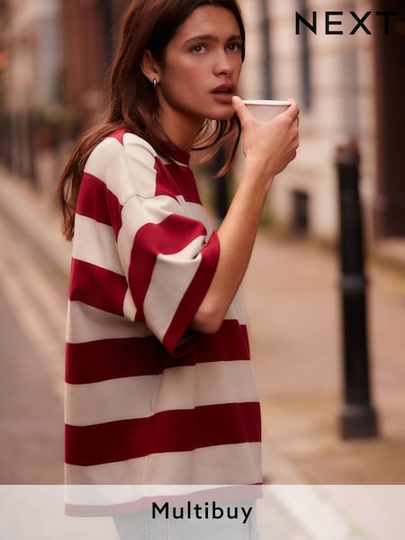 Red/Grey Stripe Oversized Relaxed Fit Boxy Heavyweight Crew Neck T-Shirt (B51371) | £14