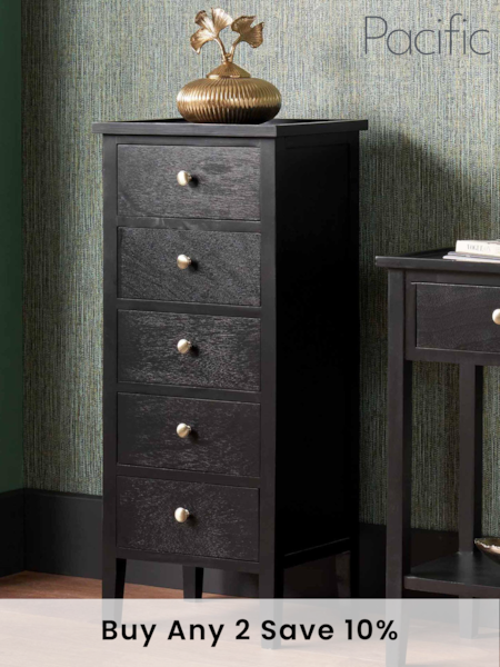 Pacific Satin Black Chelmsford Pine Wood 5 Drawer Tall Boy (B51434) | £230