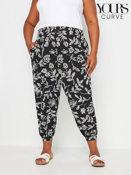 Yours Curve Black Vine Print Cropped Harem Trousers (B51739) | £24