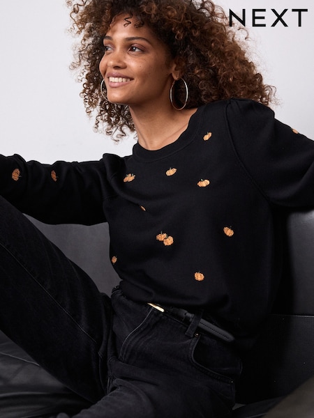 Black Orange Pumpkin Crew Neck Long Sleeve Embroidered Jumper (B52111) | £28