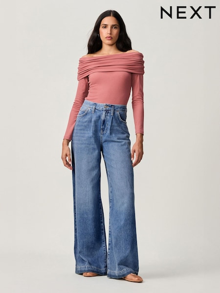 Mid Blue Side Stripe Palazzo Wide Leg 100% Cotton Jeans (B52185) | £50