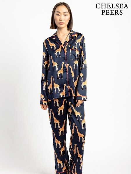 Chelsea Peers Blue Satin Giraffe Print Long Pyjama Set (B52644) | £55