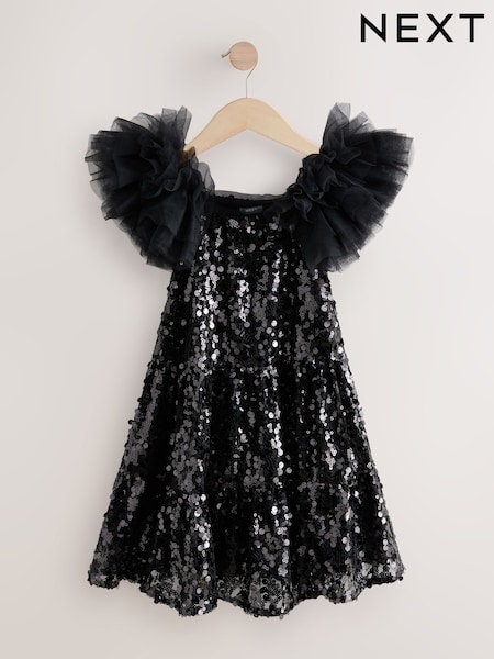 Black Puff Sleeve Sequin Party Dress (3-14yrs) (B52877) | £44 - £50