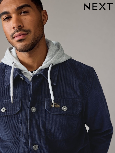 Navy Blue Hooded Corduroy Borg Lined Shacket (B53232) | £35