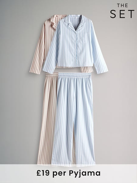 The Set Neutral Stripe/Blue Stripe 2 Pack Flannel Long Sleeve Button Through Pyjamas (B53700) | £38