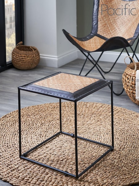 Pacific Natural Ezio Black Leather, Woven Rattan and Iron Stool (B54441) | £120