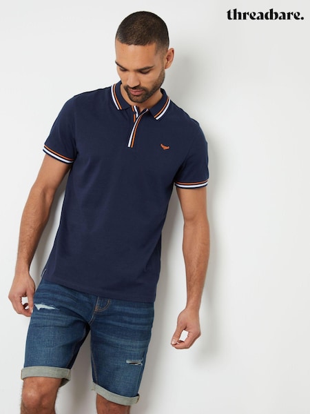 Threadbare Navy Blue 100% Cotton Polo Shirt With Herringbone Detail Collar (B54641) | £20