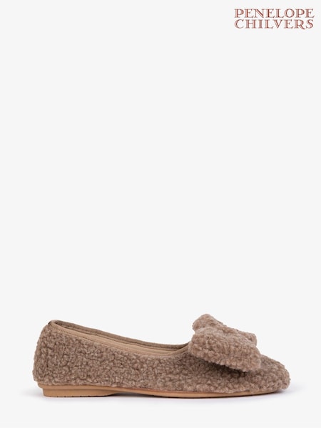 Penelope Chilvers Celeste Shearling Bow Mink Brown Slippers (B55003) | £99