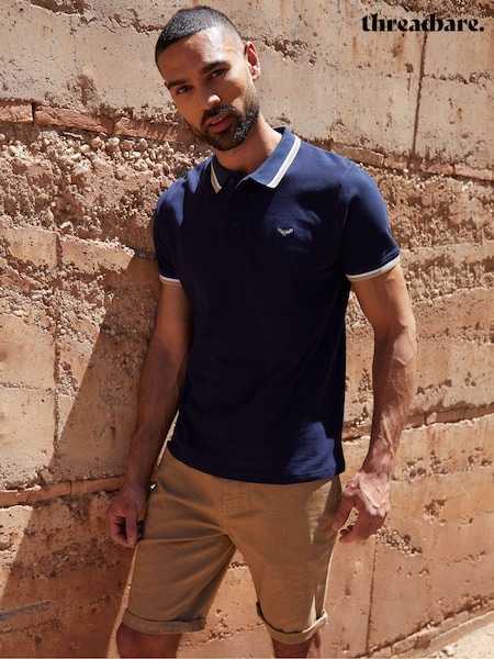 Threadbare Navy Herringbone Tipping Cotton Pique Polo Shirt (B55342) | £20
