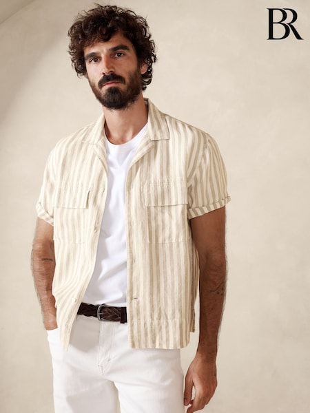Banana Republic Beige & White 100% Linen Lightweight Striped Resort Shirt (B55386) | £70