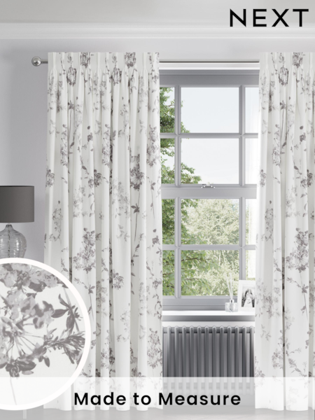 Grey Floral Made to Measure 100% Cotton Curtains (B55408) | £61