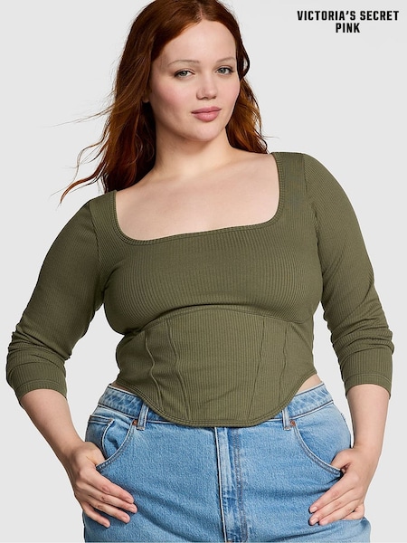 Victoria's Secret PINK Olive Green Long Sleeve Cotton Corset Top (B55722) | £17
