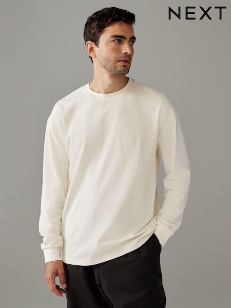 Bone White Relaxed Fit Long Sleeve Heavyweight 100% Cotton T-Shirt (B56015) | £18