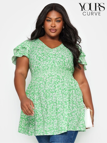 Yours Curve Green Ditsy Print Flutter Sleeve Peplum Top (B56087) | £27