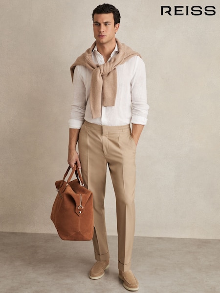 Reiss Soft Camel Brown Brighton Relaxed Drawstring Trousers with Turn-Ups (B56574) | £138