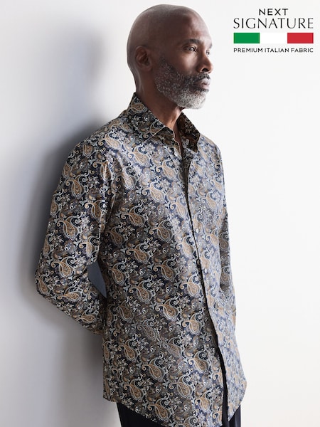 Charcoal Grey Paisley Slim Fit Signature Single Cuff 100% Cotton Formal Shirt (B57032) | £55