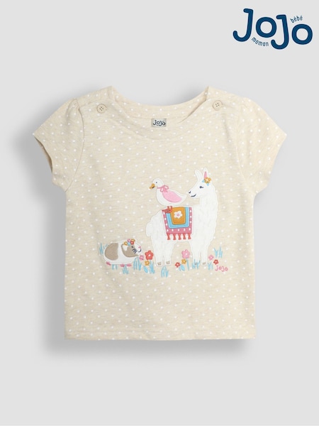JoJo Maman Bébé Natural Llama Print Appliqué 100% Cotton T-Shirt (B57172) | £17