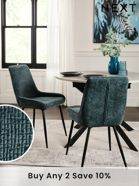 Set of 2 Textured Chenille Dark Slate Teal Hamilton Black Leg Quilted Dining Chairs (B57981) | £270