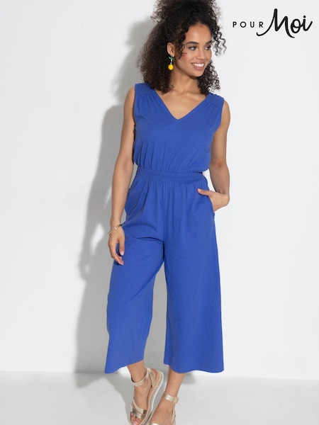 Pour Moi Blue Maya 100% Cotton Slub Jersey Built Up Cropped Leg Jumpsuit (B58469) | £39