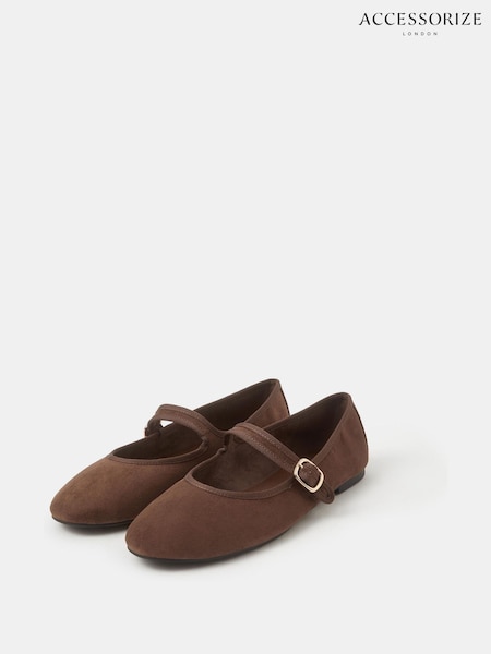 Brown - Accessorize Faux Suede Mary Jane Ballet Flats