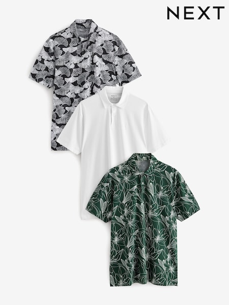 Mono Print Regular Fit Short Sleeve Jersey Polo Shirts 3 Pack (B58757) | £48