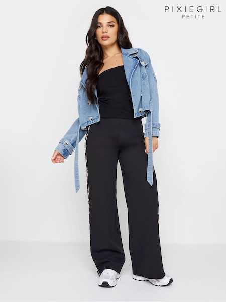 PixieGirl Petite Black Leopard Print Side Stripe Wide Leg Trousers (B58759) | £34
