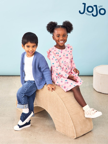 JoJo Maman Bébé Pink Cherry Frill Sleeve Rib Dress (B58831) | £20