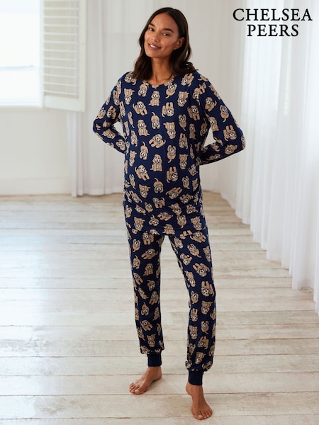 Chelsea Peers Blue Maternity Cockapoo Print Crewneck Long Pyjama Set (B59047) | £38
