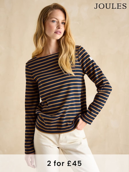 Joules Harbour Navy & Tan Boat Neck 100% Cotton Breton Top (B59350) | £29
