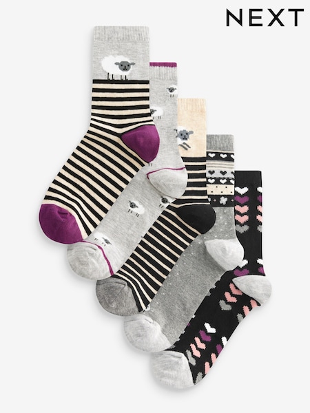 Black/White Sheep Ankle Socks 5 Pack (B59449) | £6