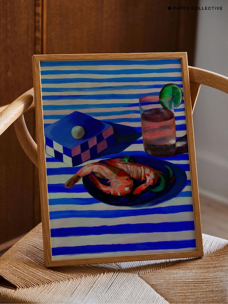 Paper Collective Blue Shrimp & Stripes Framed Wall Art Print in Natural Oak Frame (B59667) | £70 - £110