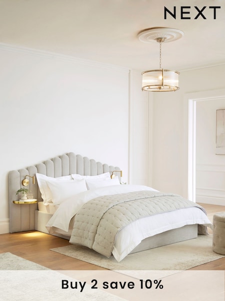 Soft Texture Light Grey Adele Upholstered Hotel Bed Frame with Ottoman Storage, Bedside Tables and Lights (B59736) | £1,265 - £1,465