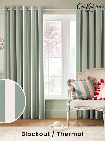 Cath Kidston Sage Hand Painted Stripe Blackout Eyelet Curtains (B59864) | £70 - £180