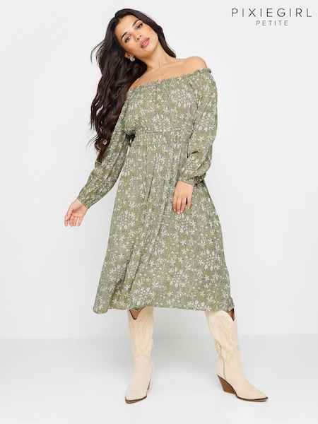PixieGirl Petite Sage Green Ditsy Floral Boho Print Bardot Midi Dress (B60433) | £34