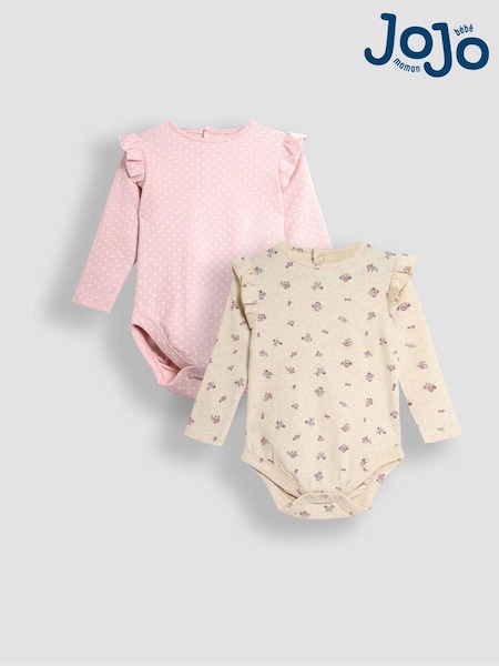 JoJo Maman Bébé Pink Floral & Spot Round Neck Rib Bodies 2 Pack (B60447) | £21
