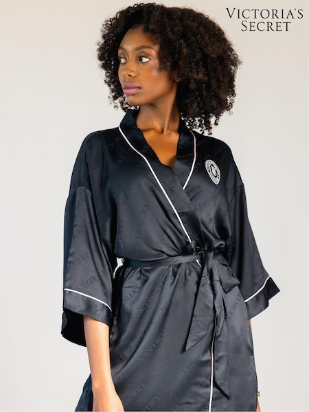 Victoria's Secret Black Logo Satin Short Piped Robe (B60702) | £49