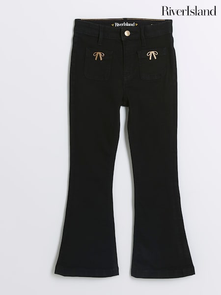 River Island Black Girls Bow Pocket Flare 100% Cotton Jeans (B60705) | £20