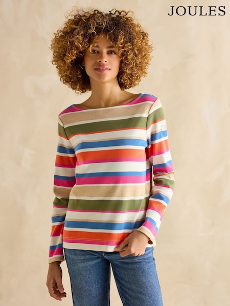 Joules Harbour Green & Pink Elevated Stripe Pastel Boat Neck Breton Top (B60787) | £35