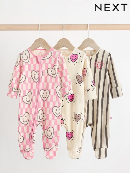 Pink Happy Heart Baby Two Way Zip Floral Print 100% Cotton Sleepsuits 3 Pack (0mths-2yrs) (B61422) | £20 - £22