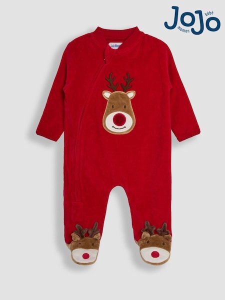 JoJo Maman Bébé Red Reindeer Cotton Christmas Zip Appliqué Sleepsuit (B61647) | £11