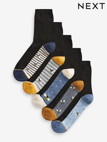 Blue/Ochre Bee Footbed Ankle Socks 5 Pack (B61723) | £12